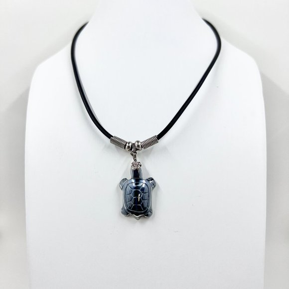 Cute Hematite Sea Turtle Pendant Black Cord 16” Necklace - Picture 2 of 7